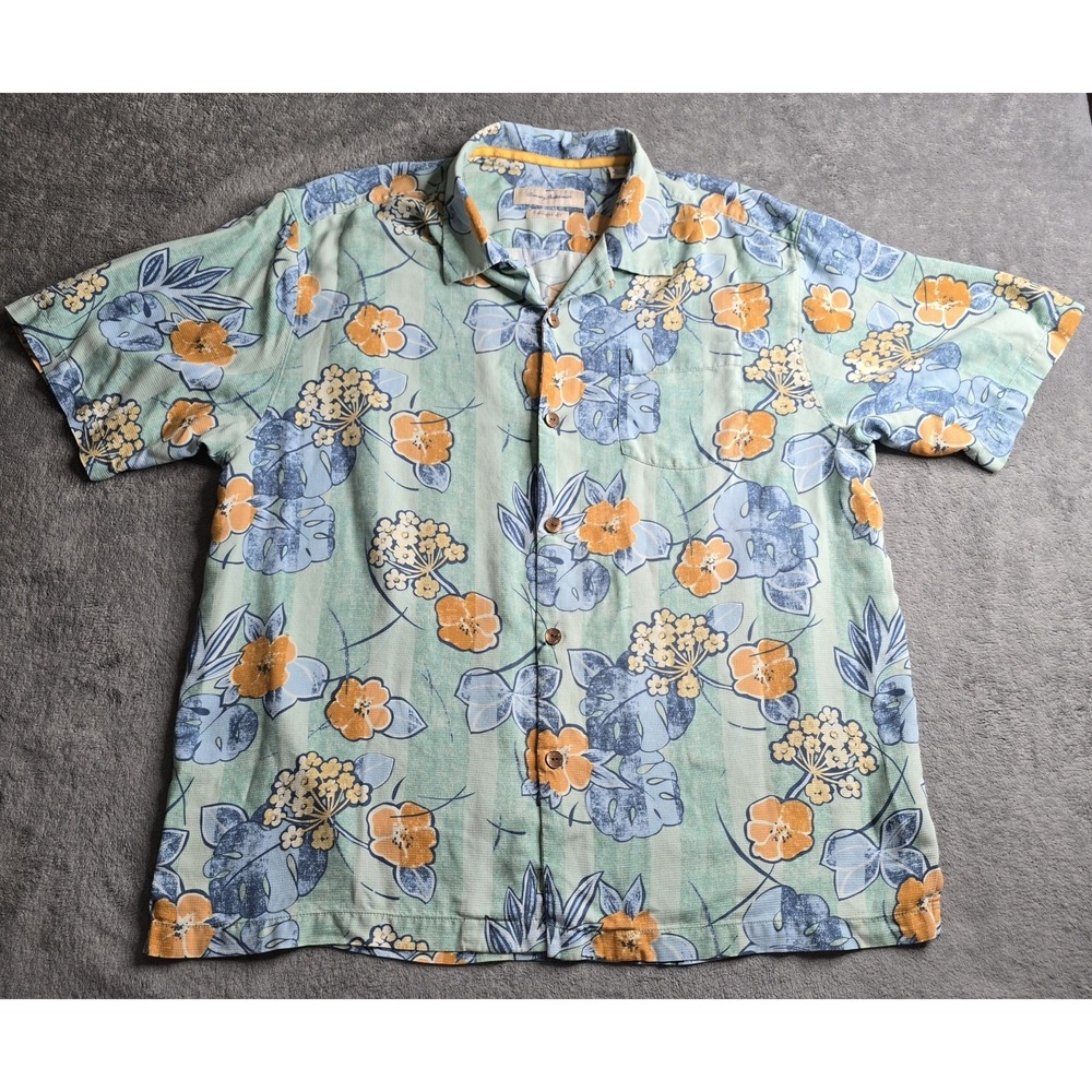 Tommy Bahama Hawaiian Camp Shirt Mens XL Blue Orange Silk Floral Short Sleeve
